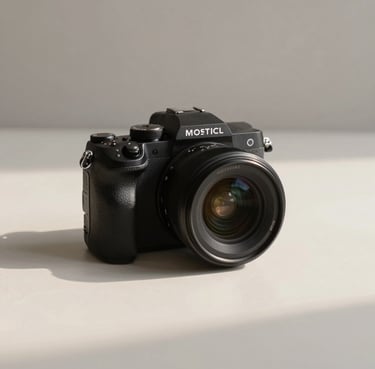 A modern mirrorless camera body sitting on a clean, minimalist off-white surface, soft directional light casting gentle shadows, professional and sophisticated atmosphere.