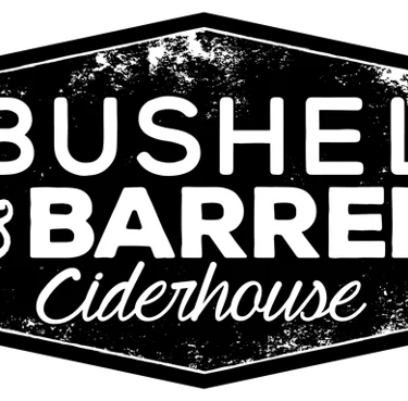 Rustic Bushel and Barrel Ciderhouse logo with white text in a distressed hexagonal frame on a black background.