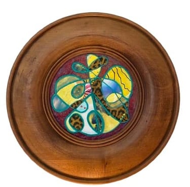 Œuvre abstraite, collage sur support en bois rond - Collection art combinatoire prémices de Xirkys