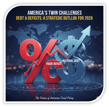 3D financial symbols with a rising debt arrow over a global map.