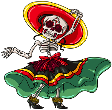 Female Skeleton dancing wearing a traditinal mexican dress and sombrero