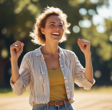 A person is seated on the ground in a meditative pose, holding a red-tipped percussion mallet to their forehead. They are wearing a beige shirt and loose blue patterned pants. In front of them, a large singing bowl is placed on the ground. The background features a clear blue sky and some green trees.