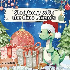 a dinosaur with a christmas tree and presents