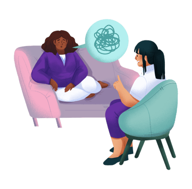a woman sitting on a couch with a woman in a chair