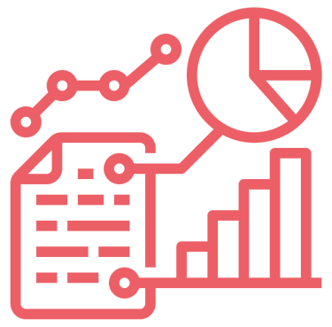 Red data analysis icon featuring a line graph, pie chart, bar chart, and report document.