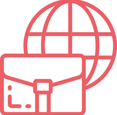 Red line icon of a briefcase in front of a globe representing global business and international trade.