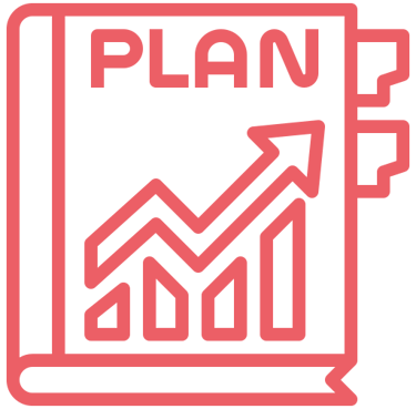 Red line icon of a business plan book featuring a growth bar chart and upward arrow.