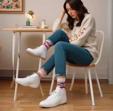 A person is wearing white socks with a colorful embroidered design along with white sneakers. The person is seated, and their legs are resting on a footrest under a table. The lighting creates a warm, cozy atmosphere.