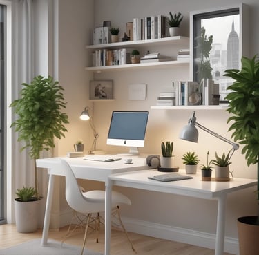 A workspace is illuminated by natural light streaming through blinds, casting striped shadows on the wall. A computer monitor displays an application, surrounded by lush potted plants. The atmosphere is cozy and warm, with a mix of technology and nature.