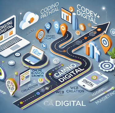 "Ilustración conceptual de un camino digital con elementos de desarrollo web y tecnología innovadora