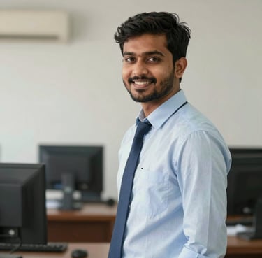 A smiling professional working on a laptop at a bright, modern airport co-working desk.