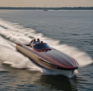 A small boat with a white and blue interior and brown trim floats on dark blue water. A coil of rope is seen at the front of the boat, indicating it may be used for docking. The hull features a yellow stripe along its edge, showing signs of wear.