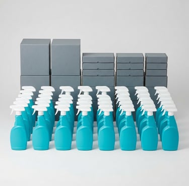 Bright high-key studio photography of neatly organized turquoise cleaning bottles and slate gray packaging boxes on a clean light gray backdrop, crisp studio light, sharp focus, professional commercial style