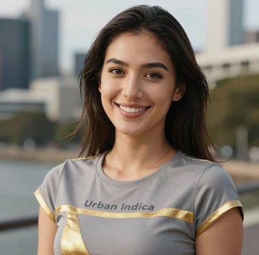 Close up portrait of a smiling woman in Melbourne, wearing an Urban Indica fusion top with gold accents. Natural daylight, soft bokeh background, premium aesthetic. Incorporates #C7B5A0.