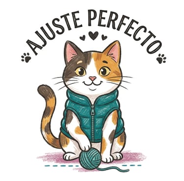 Lindo gato calicó que lleva un chaleco acolchado de color verde azulado con el texto Ajuste Perfecto