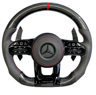 Custom Mercedes-Benz AMG steering wheel featuring carbon fiber, perforated leather, and red stitching.