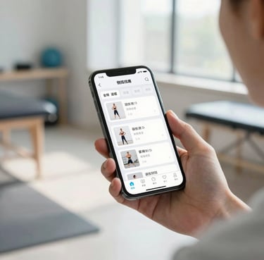 A modern smartphone held in a physiotherapist's hand inside a bright, daylight-filled training clinic, displaying a customized white-label app with clean charts and training exercises, natural lighting.