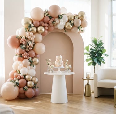 Bright editorial photography of a modern Chiara arch backdrop setup with organic blush and gold balloon garlands, soft daylight, shallow depth of field, 35mm