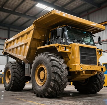 Low-angle shot of a massive OTR mining dump truck tire standing in a West Jakarta warehouse, deep rugged tread patterns, industrial lighting, high contrast