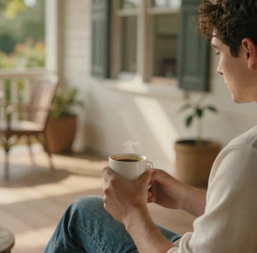 Cinematic lifestyle scene of a person sitting on a sun-drenched porch with a coffee, warm natural light, authentic and cozy atmosphere.
