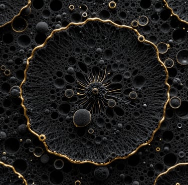 Microscopic view of dense cellular cartilage structures, high-contrast dark tones, sharp gold rim lighting, 85mm