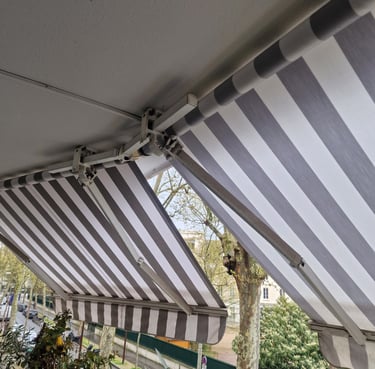 toile devant volets roulant et petit jardin