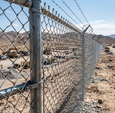 Wide-angle industrial photography of heavy-duty galvanized steel chain-link fence, bright harsh desert daylight, sharp metallic textures, 35mm