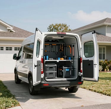 A clean, branded mobile service van parked in a residential driveway under bright daylight, tools organized neatly in the open rear doors, wide environmental shot.