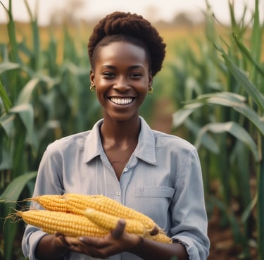 Portrait of a smiling African woman standing in a green agricultural field.