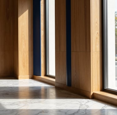 Close-up of premium interior architecture, natural afternoon sunlight streaming through high windows onto marble floors and warm oak panels, minimalist luxury
