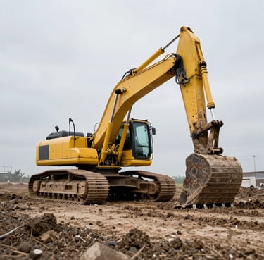 Low-angle dramatic industrial photography of a heavy yellow excavator working on a graded dirt platform under an overcast sky, high-contrast, sharp focus