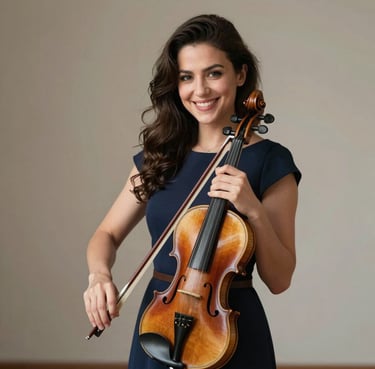 A professional portrait of a female violinist smiling warmly. She is wearing an elegant dark navy blue dress, holding her violin. The lighting is soft and natural against a neutral background.