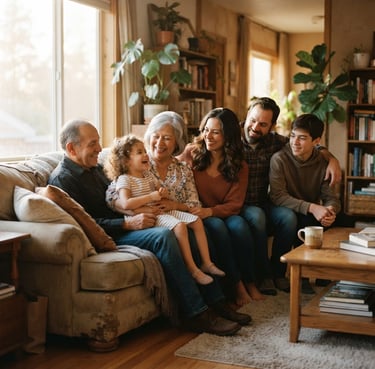 Warm, candid portrait of the Cabrera family team smiling inside a naturally lit, cozy residential living room, golden-hour window light, soft earth tones, shallow depth of field, 35mm film look