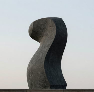 Minimalist outdoor photography of a dark grey sculpture in a public park in Brazil, set against a very pale grey sky. The composition focuses on the contrast between the object's form and the soft background.