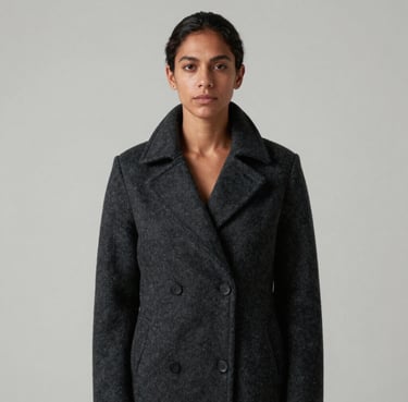 A central portrait of a person wearing a structured dark charcoal coat, posed against a clean light grey background. The mood is serene and professional. South American / Brazilian context, minimal styling.