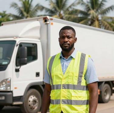 Dignified professional portrait of a Nigerian logistics coordinator in high-visibility vest standing beside a clean bulk delivery truck, bright natural daylight, palm grove in the soft-focus background.