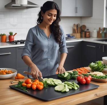 Photo of a smiling woman holding a steel cutting board in a bright kitchen.