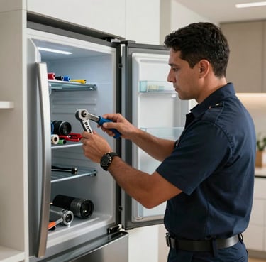 Un técnico colombiano uniformado de manera impecable ajusta con herramientas de precisión el panel interno de un refrigerador de lujo en una cocina moderna iluminada por luz natural.