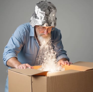 A cheerful woman holding a new tech gadget with a bright smile in a cozy home setting.