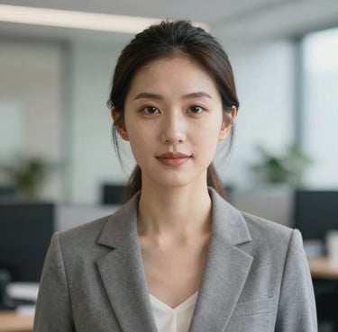 A portrait of a woman looking forward with confidence and peace, soft natural light hitting her face, background is a blurred professional office setting. Colors include #7A6F6D and #B7B0A9.