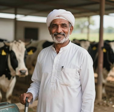 A portrait of a smiling Pakistani dairy farmer standing in front of his farm, looking confident and satisfied with his equipment.