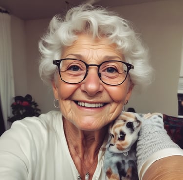 Eric Miglin playing trumpet with a warm smile on stage at a cozy seniors event.