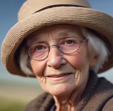 A smiling woman sitting at a cozy desk with a laptop, natural light streaming in.