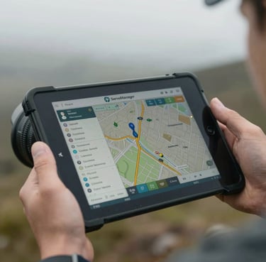 A close-up of a hand holding a rugged digital tablet displaying real-time GPS coordinates and a ServeManager dashboard, overcast outdoor lighting