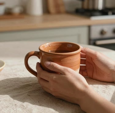 Detail of hands holding a terracotta ceramic mug in a sun-drenched North American / US kitchen. Soft sand colored tablecloth.