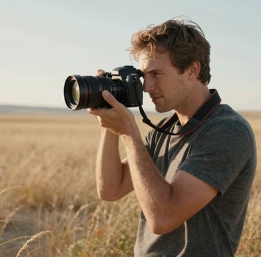 Cinematic portrait of a lifestyle photographer with a camera in a sun-drenched North American / US field. Soft sand colored grass, warm lighting.
