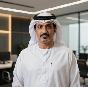 A professional portrait of a business leader in the Middle East / Gulf, wearing elegant traditional attire, looking confidently at the camera in a modern, brightly lit office with black and gold decor elements.