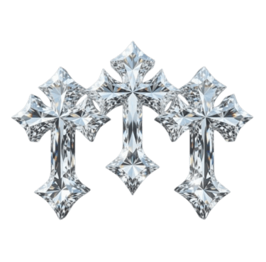 Three sparkling diamond gothic crosses arranged in a row against a black background.