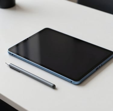 A high-angle photograph of a clean, modern desk in a North American / US home office. A steel blue tablet and a stylus lie on a cloud white surface, captured with soft natural light.