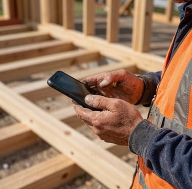 Close-up of a contractor's dusty hands holding a smartphone on an active wood framing job site, high-contrast natural daylight, sharp focus 35mm lens